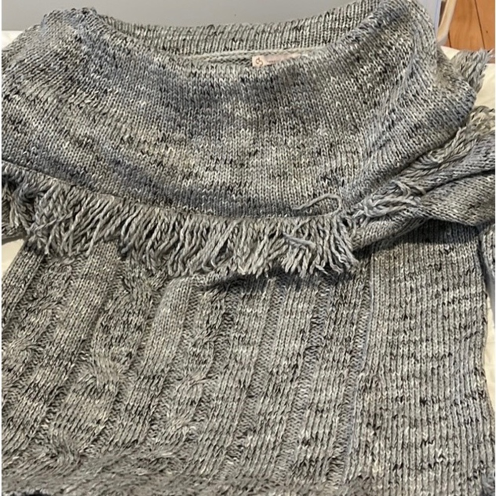 Grey cable knit sweater with floppy neck collar